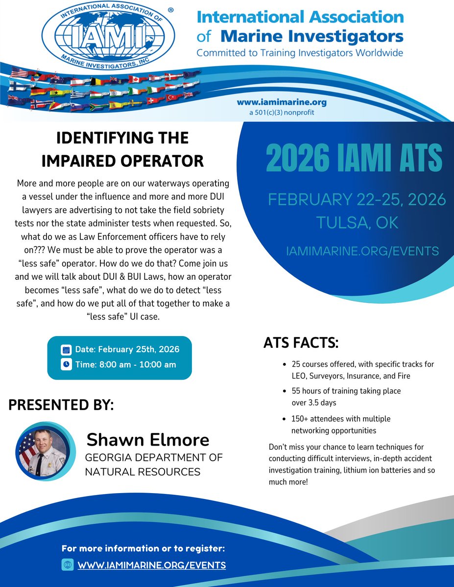 Are your BUI cases getting more complex? Learn how you can keep your case from sinking at the 2026 ATS in Tulsa OK 2/22-25/2026 iamimarine.org/ats  #IAMIMarine #CMI #CertifiedMarineInvestigator  #MarineCrimesToday #MarineInvestigations  #IAMI #BUI #BoatingUnderTheInfluence