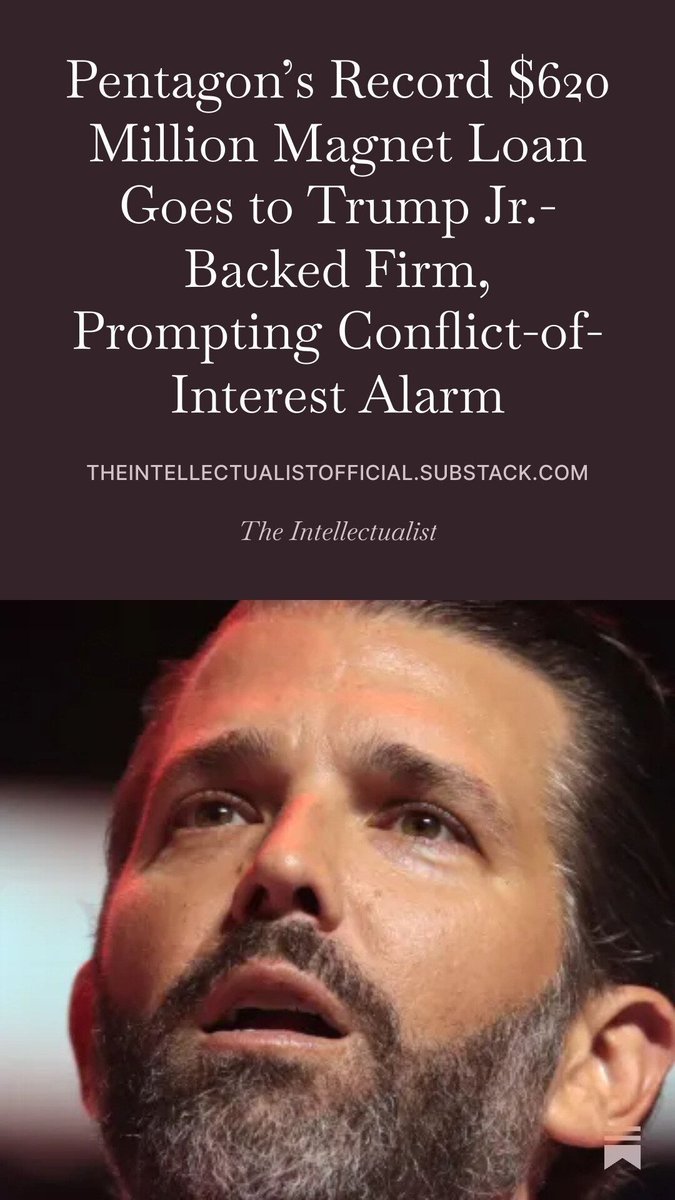 highbrow_nobrow's tweet image. Vulcan, a rare-earth magnetics firm backed by Donald Trump Jr.’s 1789 Capital, lands a record $620M conditional loan from the Pentagon’s Office of Strategic Capital in a $1.4B bid to curb China’s magnet grip, stoking ethics alarms over family-profit optics.…