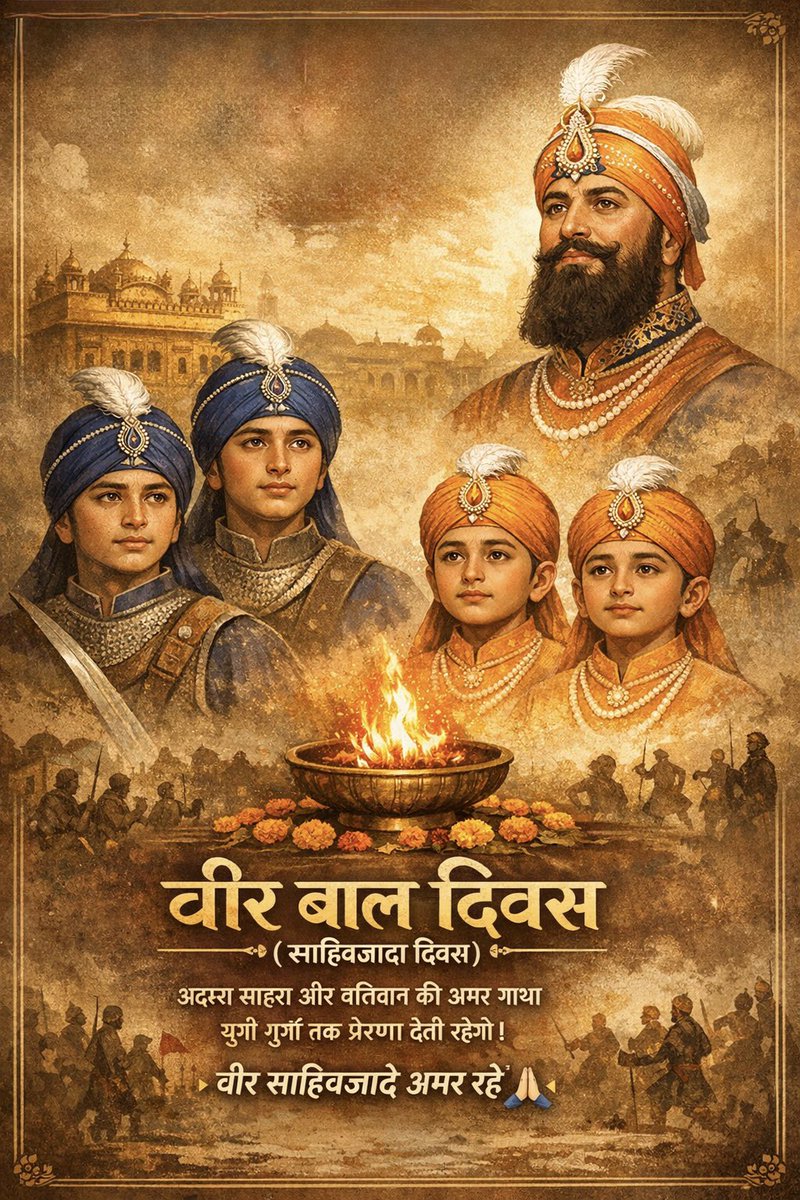 NavneetPandey96's tweet photo. ‘वीर बाल दिवस’ के पावन अवसर पर श्री गुरु गोबिंद सिंह जी महाराज के साहिबजादों की वीरता और बलिदान को सादर नमन करता हूं।
धर्म और राष्ट्र की रक्षा हेतु बाल्यावस्था में भी जिन्होंने अन्याय के सामने शीश नहीं झुकाया, उनका बलिदान  साहस और आत्मसम्मान की प्रेरणा देता रहेगा।

#VeerBalDiwas https://t.co/C2fUDmND6m