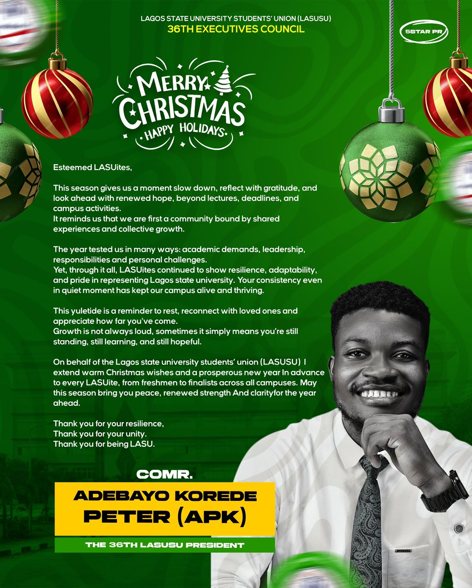 *The Lagos State University Students’ Union (LASUSU)* heartily wishes all students, staff, and the entire LASU community a joyful and peaceful Christmas.🎉