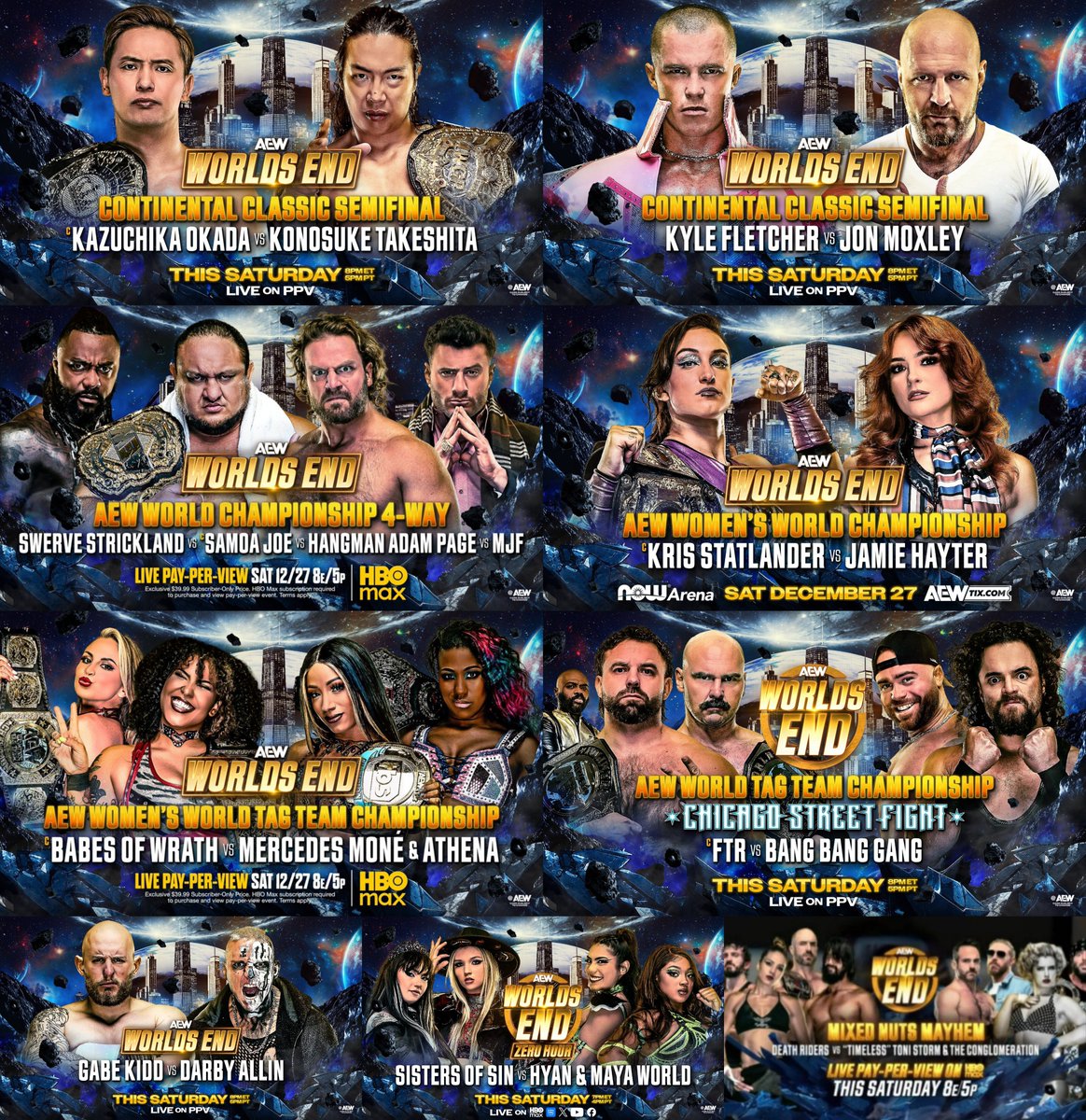 DrainBamager's tweet image. Worlds End PPV complete card:

• Kazuchika Okada vs Konosuke Takeshita
• Jon Moxley vs Kyle Fletcher
• C2 Final
• Joe/Hangman/Swerve/MJF
• Kris Statlander vs Jamie Hayter
• Babes of Wrath vs Athena/Mercedes Moné
• FTR vs Bang Bang Gang
• Gabe Kidd vs Darby Allin
•…
