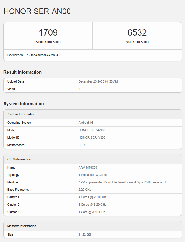 DIGITEK2020's tweet photo. Likely, Honor Power 2 (SER-AN00) spotted on Geekbench

- Dimensity 8500 (upcoming)
- 12GB RAM
- Android 16

Leaked specs
- 6.79-inch 1.5K OLED flat screen
- Dimensit 8500
- 10,080mA battery
- 80W charging
- 16MP front camera
- 50MP main rear camera

#Honor #HonorPower2 https://t.co/hXV3j6RY2J