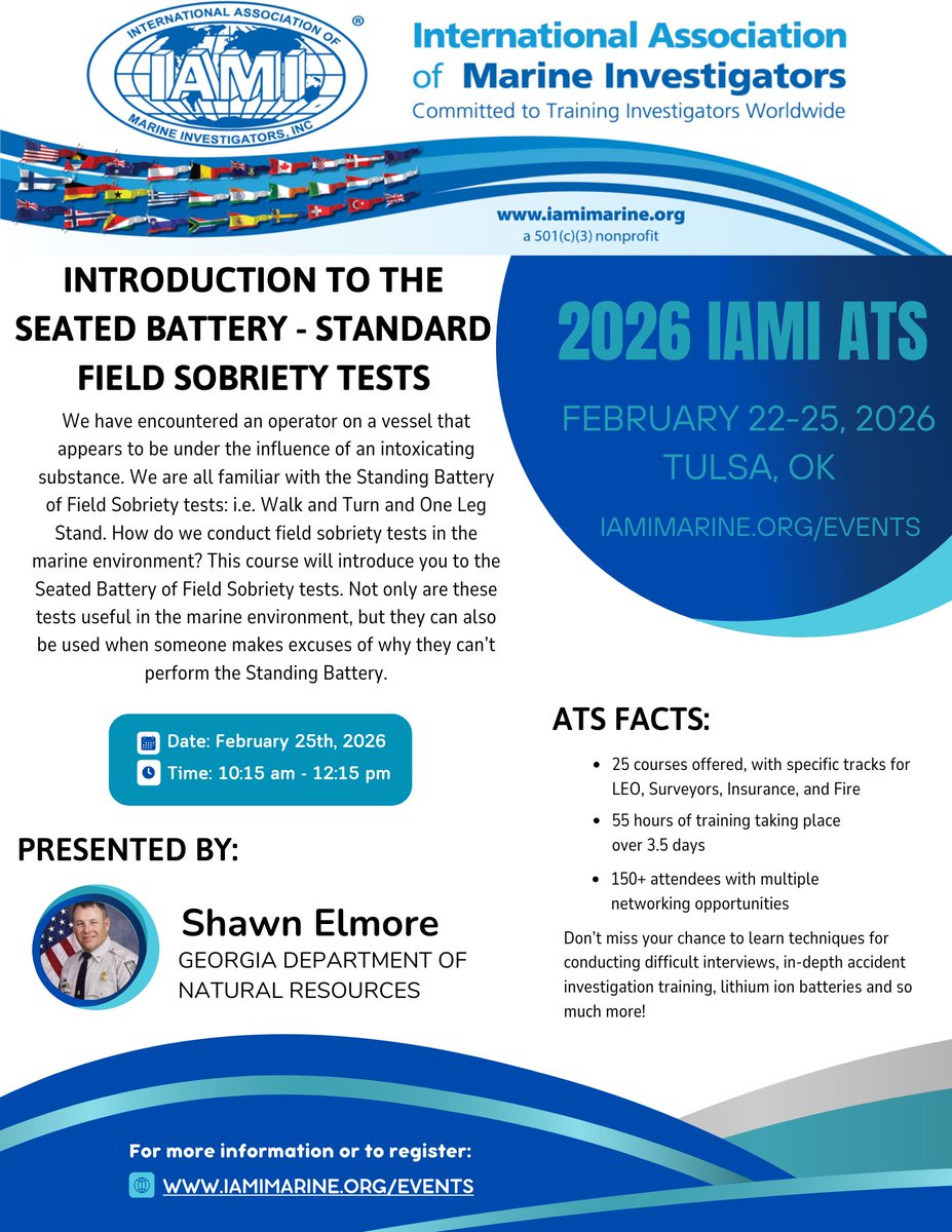 Are you familiar with the Seated Battery of Field Sobriety Testing? Join us for the 2026 ATS in Tulsa OK 2/22-25/2026 iamimarine.org/ats #IAMIMarine #CMI #CertifiedMarineInvestigator #MCT #MarineCrimesToday #MarineTheft #MarineFraud #MarineInvestigations  #IAMI #SFST #BUI