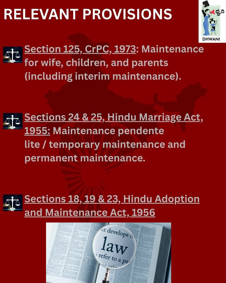 DhwaniLegal's tweet photo. KNOW YOUR RIGHTS!
Supreme Court in the Rajnesh v. Neha judgement has provided Guidelines on Maintenance stating Maintenance is a legal obligation. 
A person has to provide financial support to certain dependents (spouse, children, or parents).  PART 1 #maintenance #supremecourt https://t.co/CD0qJtGiZx