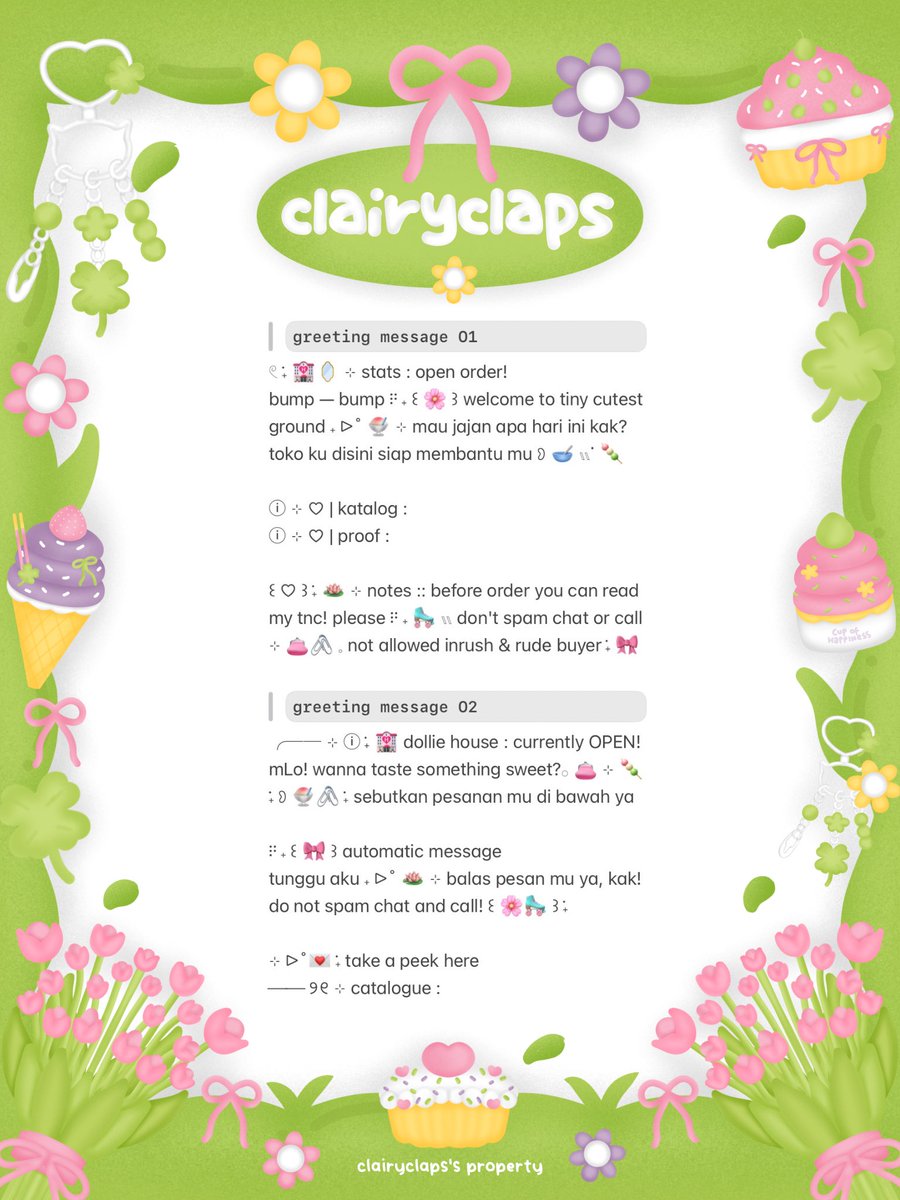 clairyclaps's tweet image. help repost, tysm! 💕

𓏲 ࣪˖ ꒰ 🏩 ꒱ mLo hai! che kembali lagi bawa
wording greeting &amp;amp; away message 👧🏻🍡
bisa dijemput sekarang ⠟˖ ꒰ 🌸 ꒱  
ⓘ  ࣪˖ 💌 𓏭 &amp;lt; price 5.500 / each &amp;gt;

🪷 mt after dm ya!
t. #zonauang ˖ 𓏭ᱸ 🌱