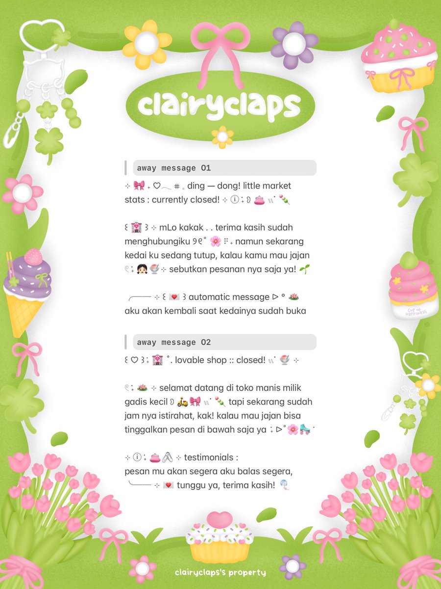 clairyclaps's tweet image. help repost, tysm! 💕

𓏲 ࣪˖ ꒰ 🏩 ꒱ mLo hai! che kembali lagi bawa
wording greeting &amp;amp; away message 👧🏻🍡
bisa dijemput sekarang ⠟˖ ꒰ 🌸 ꒱  
ⓘ  ࣪˖ 💌 𓏭 &amp;lt; price 5.500 / each &amp;gt;

🪷 mt after dm ya!
t. #zonauang ˖ 𓏭ᱸ 🌱
