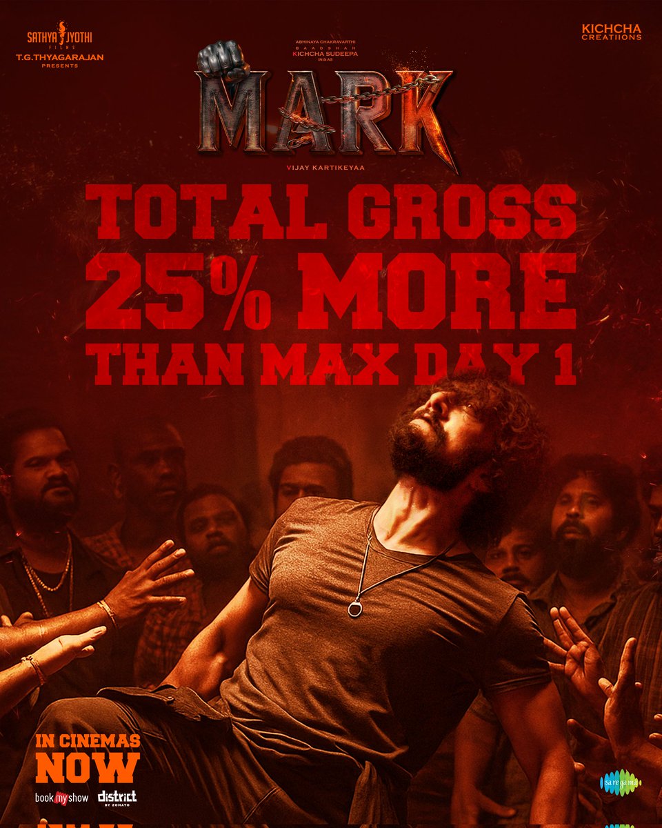 KRG_Studios's tweet photo. Daada yaar Gotha? ❤️‍🔥
#MARK Gross 25% more than Max Day 1 ✨
This is a ReMARKable record! 💥

Book your tickets now 🎟️ 
Book My Show:  https://t.co/WomZo0lfqm

District:
https://t.co/pmT4btHvjD

#MARKInCinemasNow #MARKTheFilm #ReMARKableBlockbuster #BlockbusterMARK https://t.co/XT7KPD1ghy