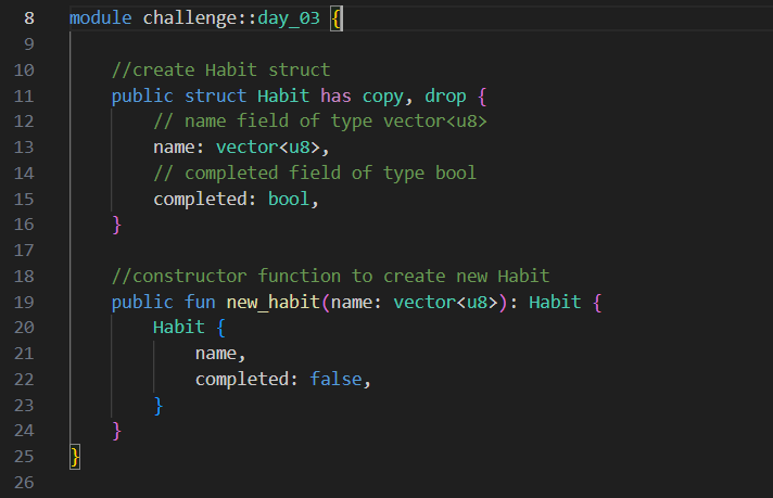 Day 3 / 21 – Sui Move Challenge

Defined a custom struct in Move and built a constructor function.
Worked with vector<u8> for data and learned how copy and drop abilities affect struct design.
Starting to think in Move’s resource-oriented mindset.