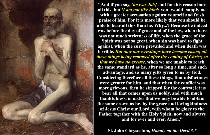 ErickYbarra3's tweet photo. St. John Chrysostom speaks about the great power that Christians have to wrestle and fight against the devil. He points to the example of Job. But then, Chrysostom supposes the objection, "Yeah, well that was Job and I'm not a great Saint like he is... so it is different with me. I can't handle that."