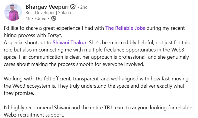 Nothing speaks louder than real candidate experiences. Grateful to Bhargav for sharing his journey with The Reliable Jobs (TRJ).

Huge credit to <a href="/ShivaniTh999/">Shivani Thakur</a> for supporting the process with care and professionalism. This is the standard we aim to deliver every single time.