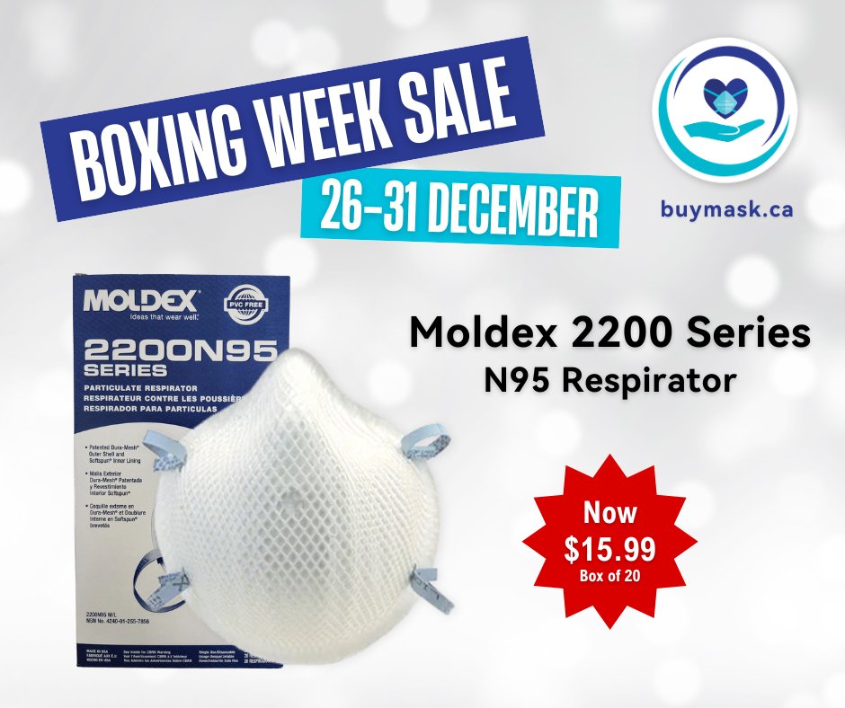 DonateMask's tweet image. The Moldex 2200 Series N95 Respirator has a Dura-Mesh shell, which helps the mask keep its shape, and fits medium to large sized faces. 😷 Buy 20 Moldex masks for only $15.99! 🛍️ Sale ends today so get your orders in now. ⏰

buymask.ca/collections/bo…

#LastDay #BoxingWeekSale