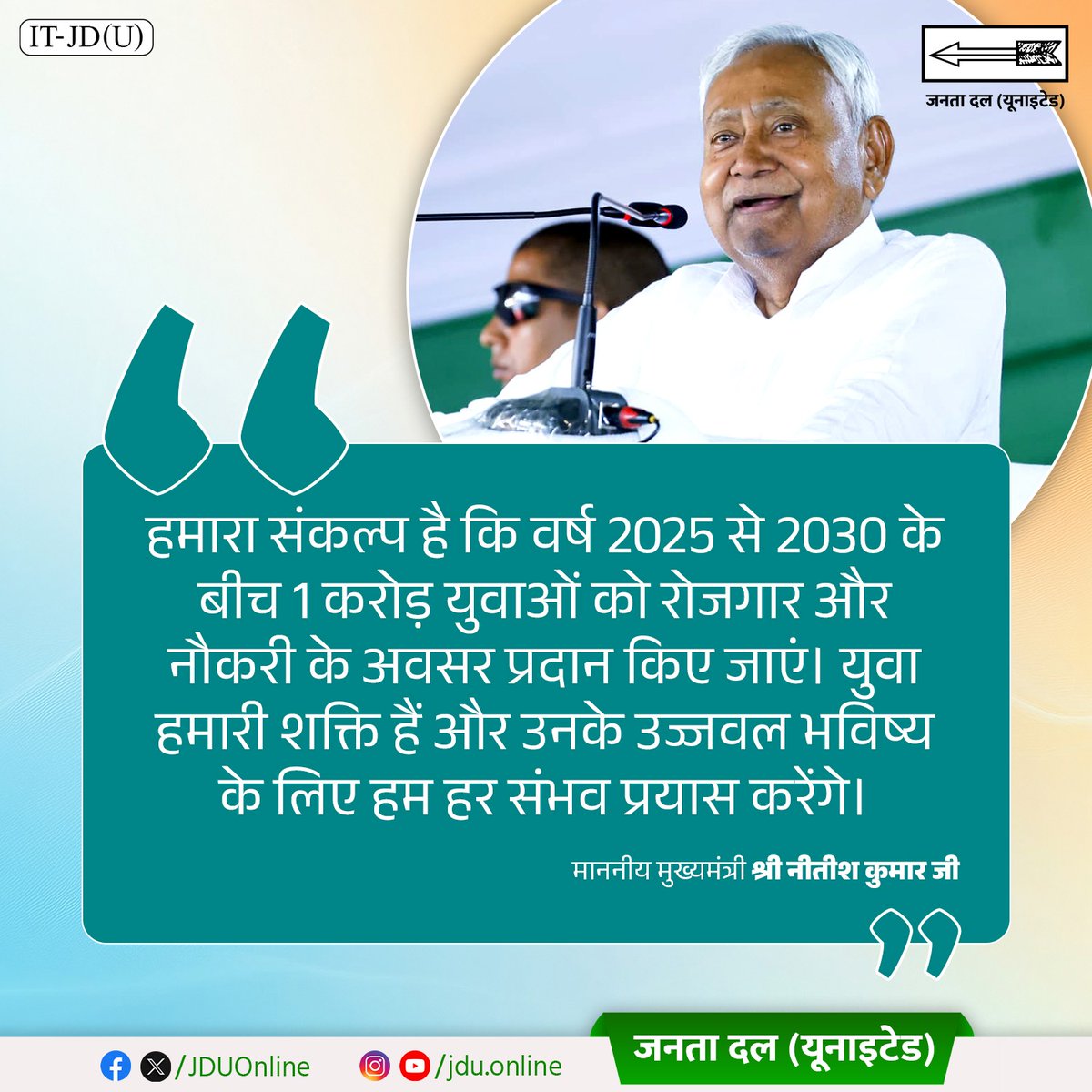Jduonline's tweet photo. हमारा संकल्प है कि वर्ष 2025 से 2030 के बीच 1 करोड़ युवाओं को रोजगार और नौकरी के अवसर प्रदान किए जाएं। युवा हमारी शक्ति हैं और उनके उज्जवल भविष्य के लिए हम हर संभव प्रयास करेंगे : माननीय मुख्यमंत्री श्री नीतीश कुमार जी

@NitishKumar

#Bihar #NitshKumar
#JDU #JanataDalUnited https://t.co/OezjfXY6Xg