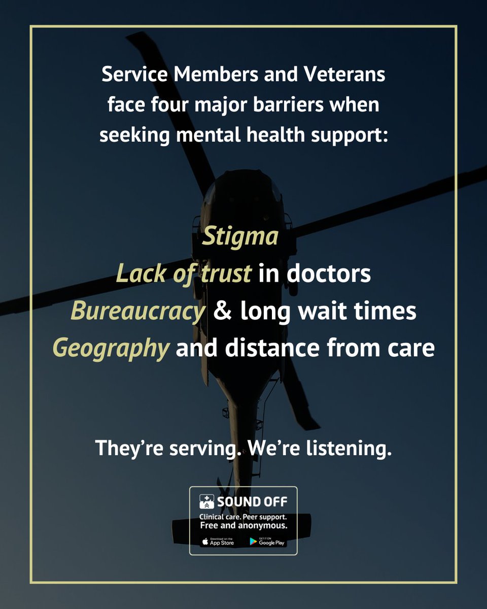 They’re serving. We’re listening. Veterans face 4 barriers to mental health: stigma, trust, bureaucracy, and geography. At Sound Off, we provide anonymous, flexible, peer-led care anywhere. Learn more: sound-off.com

#soundoff
