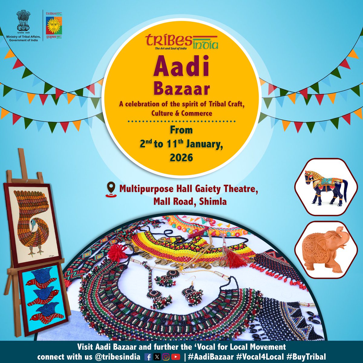 A Celebration of Tribal Artistry 🌿
Step into a world of timeless heritage as Aadi Bazaar returns to Shimla.
📍Multipurpose Hall, Gaiety Theatre, Shimla
🗓️ January 2nd – January 11th, 2026
⏳11:00 AM – 8:00 PM
Own a piece of tradition. Support the craft.🧶
<a href="/tribesindia/">TRIBES INDIA</a>