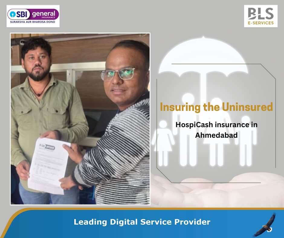 One of our agents is offering HospiCash insurance document to a customer in Ahmedabad.

BLS E-Services, in collaboration with <a href="/sbigeneral/">SBI General</a>  Insurance, offers the Hospicash facility. 
Under this scheme, policyholders receive a daily hospital cash benefit. The initiative provides