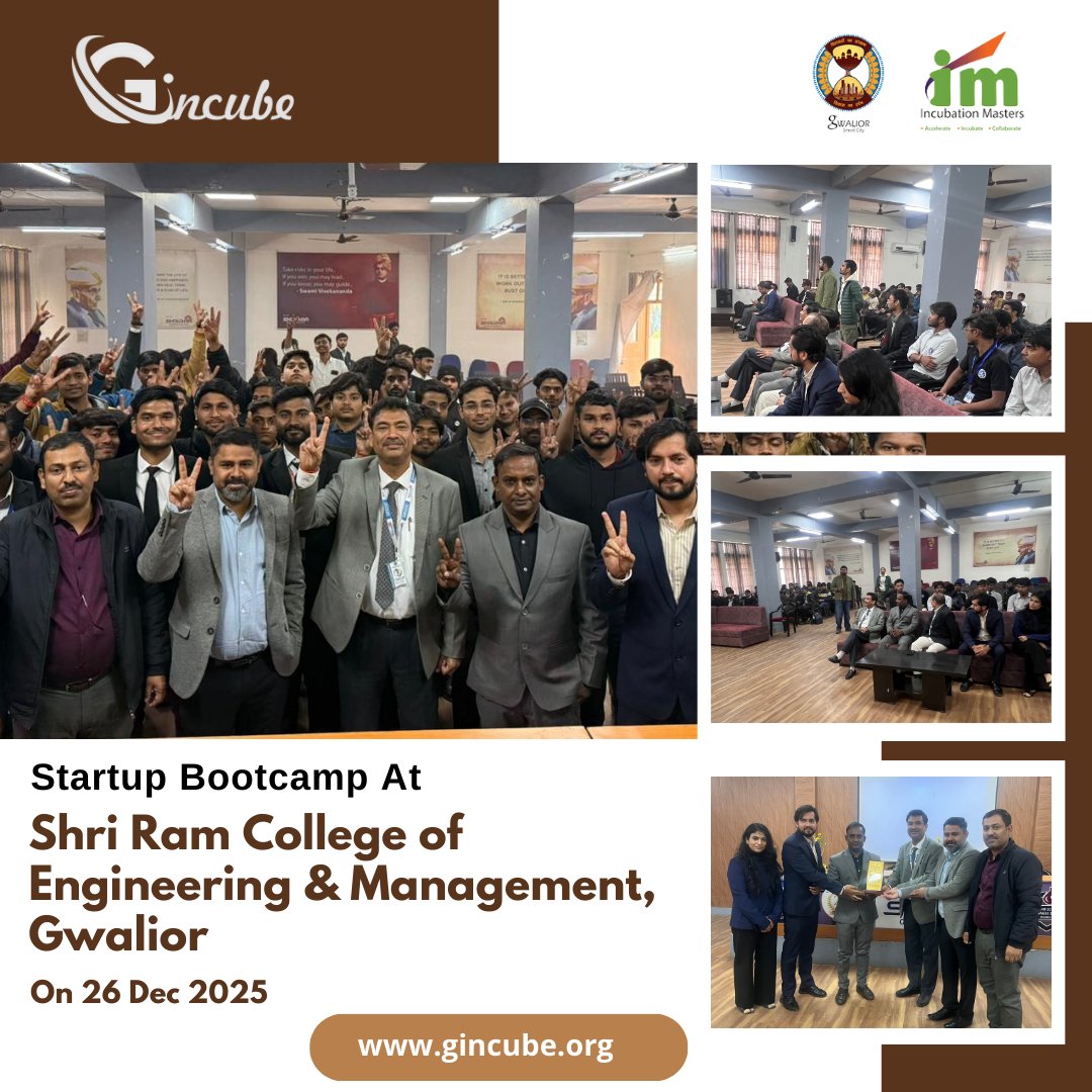 gincube's tweet photo. GIncube conducted a Startup Bootcamp at Shri Ram College of Engineering & Management, Gwalior on 26 Dec 2025.
Inspiring students to explore entrepreneurship, innovation, and startup opportunities.
👉 Follow @gincube
#GIncube #StartupBootcamp #SRCEM #StudentStartups #Innovation https://t.co/VYnQPaKnS9