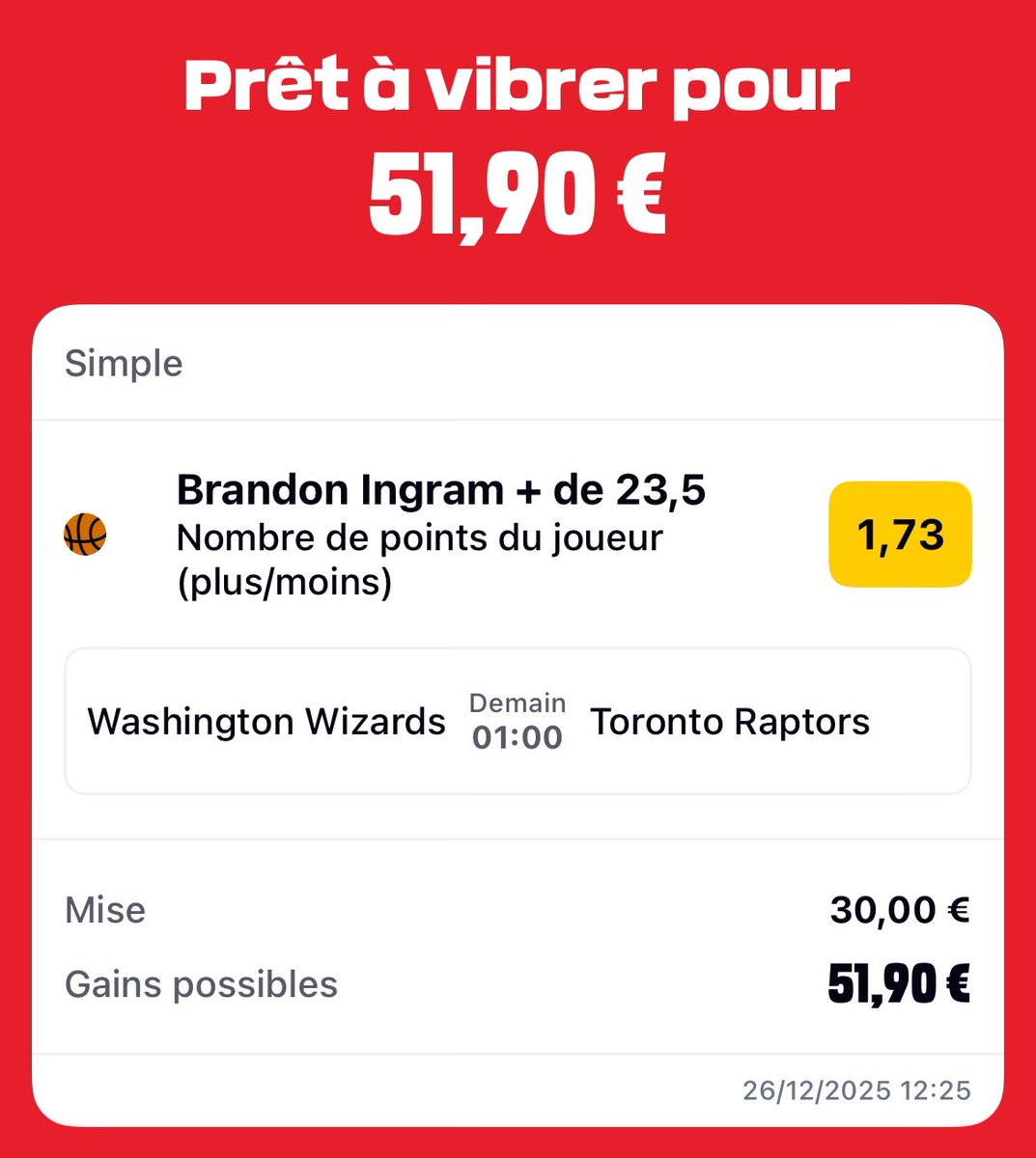 SknurtBetting's tweet photo. 🗓️ 26/12 - #NBA Pick Public #2 :

⛹️ Brandon Ingram +23,5 points @ 1,73 | 1,5%

Barrett et Poeltl OUT. J’attends un gros volume de tirs pour BI face à la pire défense de la ligue. Wizards au complet, match compétitif en vue.

👉 RT♻️ si tu suis &amp; ❤️ si tu soutiens. GL 🍀 https://t.co/wpL12ebWEj