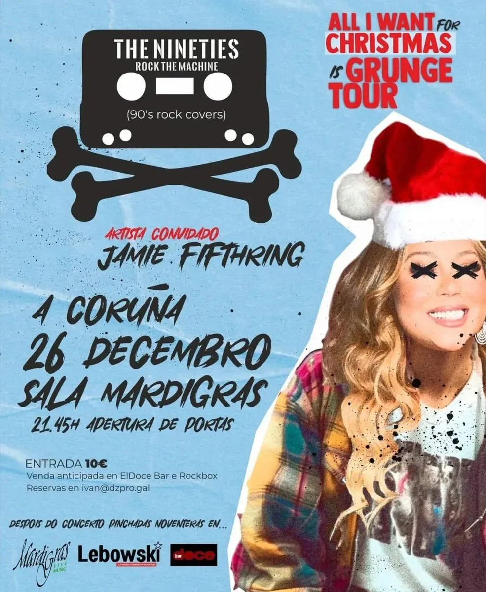 Esta noche en la Mardi regresamos a los 90 con The Nineties Rock the Machine y Jamie Fifthring

Apertura 21:45h
Inicio 22:00h

Entrada 10€

Y después la fiesta continua toda la noche por El Doce, el Lebowski y la <a href="/SalaMardiGras/">Sala MardiGrasCoruña</a>!

#acoruña #coruña