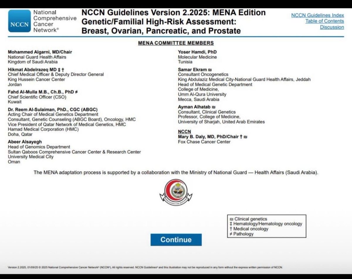 ساهمت الدكتورة سمر إكرام، رئيسة قسم الوراثة الطبية، في إطلاق الإصدار الثاني المُحدّث من MENA-NCCN للأورام الوراثية 🌍
مبادرة مشتقة من NCCN ومواءَمة لواقع المنطقة، تسهم في توحيد التشخيص والعلاج وتحسين رعاية المرضى 👏🧬 

انجاز يعكس الدور الاقليمي لمنسوبي الكلية وفخر واعتزاز