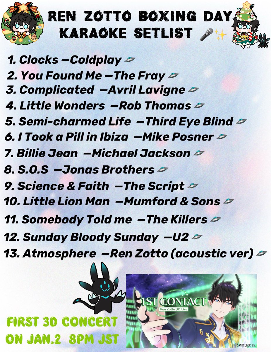 WanaRu_sheesh's tweet photo. 🛸Ren Zotto boxing day karaoke setlist 🎤

🎄👽including the xmas surprise! 

#RenZotto https://t.co/M01guFcRxA