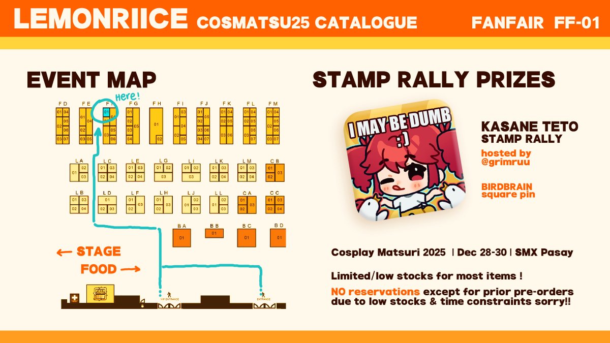 「♡ + ↻ !」

sharing my #CosplayMatsuri2025 merch catalogue !🤠🍋 

🍎very limited stock, NO reservations sorry!
🍏hololive EN JP, holostars EN armis, indie VT, MHY, deltarune, ALNST, Teto &amp; Miku, PJSK

#FanFairAtCosplayMatsuri2025