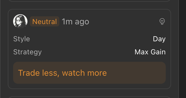 #MinaraTradingChallenge

Update:
First trade hit TP, +3% of a portfolio

And I wanted to get another trade, but <a href="/minara/">Minara AI</a>  says, "Trade less, watch more" 

And that's what I gonna do today, take a break from trading. I think that awersome feature of an AI agent can tell you not to