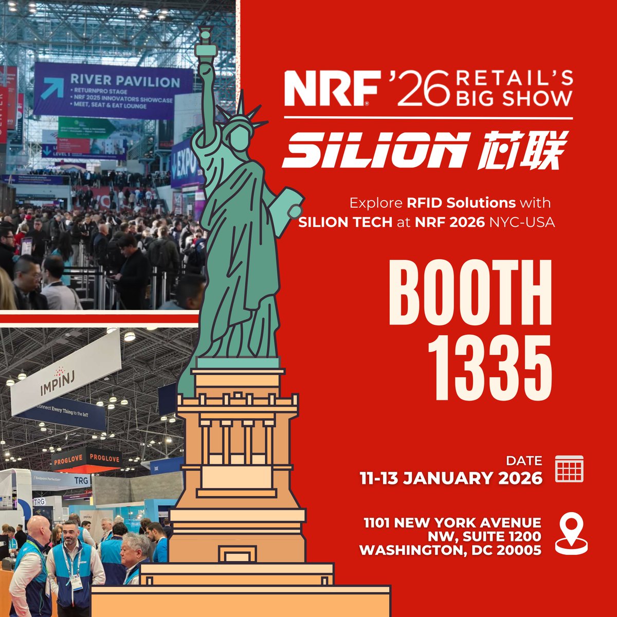 SilionTech's tweet photo. We are thrilled to announce that SILION TECH (RFID Suppliers &amp; Solution Providers) will be exhibiting at National Retail Federation 2026: Retail’s Big Show in New York City!

#NYC #NYCEXHIBITIONS #NRF2026 #NRF #NATIONALRETAILFEDERATION #RFID #UHFRFID #RFIDTECHNOLOGY #RAINRFID https://t.co/JHLFq4a4tg