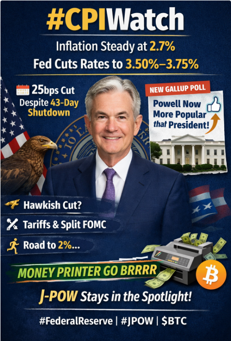 UsefCrypto's tweet photo. #CPIWatch 📊
Inflation steady at 2.7%, yet the Fed still delivered a 25bp cut to 3.50%–3.75%.
J-Pow balancing inflation, growth, and politics—still the main character of markets.
Road to 2% is a marathon, not a sprint. 🏦📈 $BTC https://t.co/oTKbOQX2d8