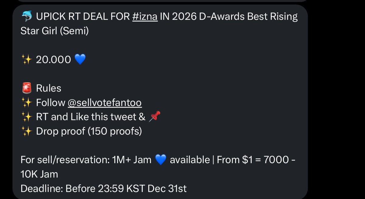 IZNAPH's tweet photo. [251225] RT DEAL 

🗳️ D-Awards 2026 Best Rising Star (G) (Semi)

🏆 20,000💙

RULES:
- Follow @sellvotefantoo 
- Like and rt this posy
- Like and rt @sellvotefantoo pinned 📌
- Drop proof (min 150)

🗓️ ends Dec 31

#izna #이즈나 #イズナ 
@izna_offcl @izna_offcl_jp https://t.co/fkOSCDomwM