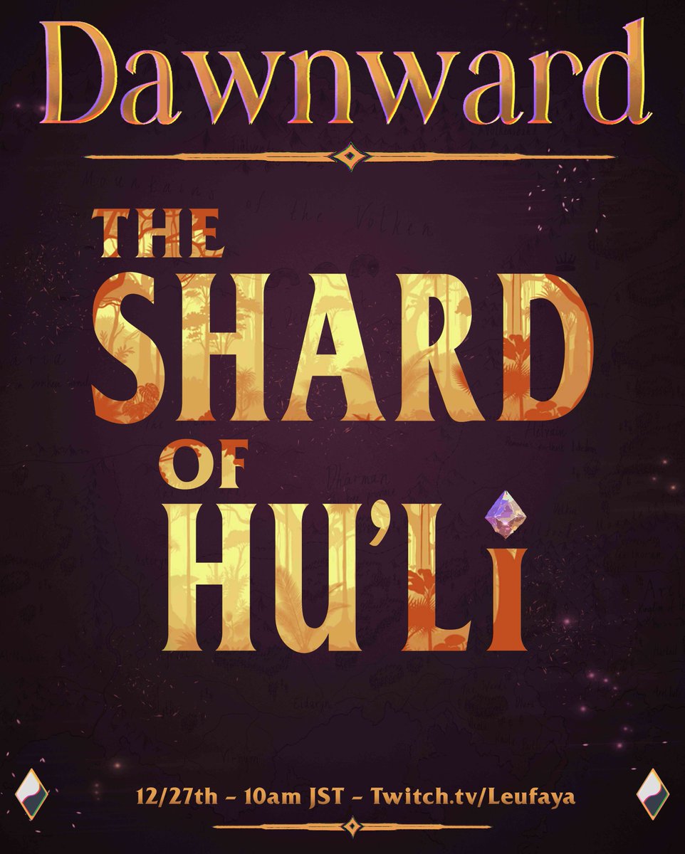 We are LIVE over at twitch.tv/leufaya with our final oneshot of the year! 🦊

Dawnward is my original Tabletop RPG, set in a high fantasy world of magic, gods and monsters. 

Join in on the fun as we explore the enchanted jungles of Cherfyre! 🏕️