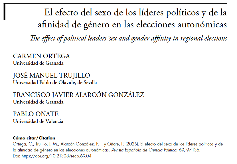 El efecto del sexo de los líderes políticos y de la afinidad de género en las elecciones autonómicas, un artículo de Carmen Ortega, José Manuel Trujillo, Francisco Javier Alarcón González y Pablo Oñate, publicado en el último número de la RECP.

➡️ shorturl.at/u7RPR