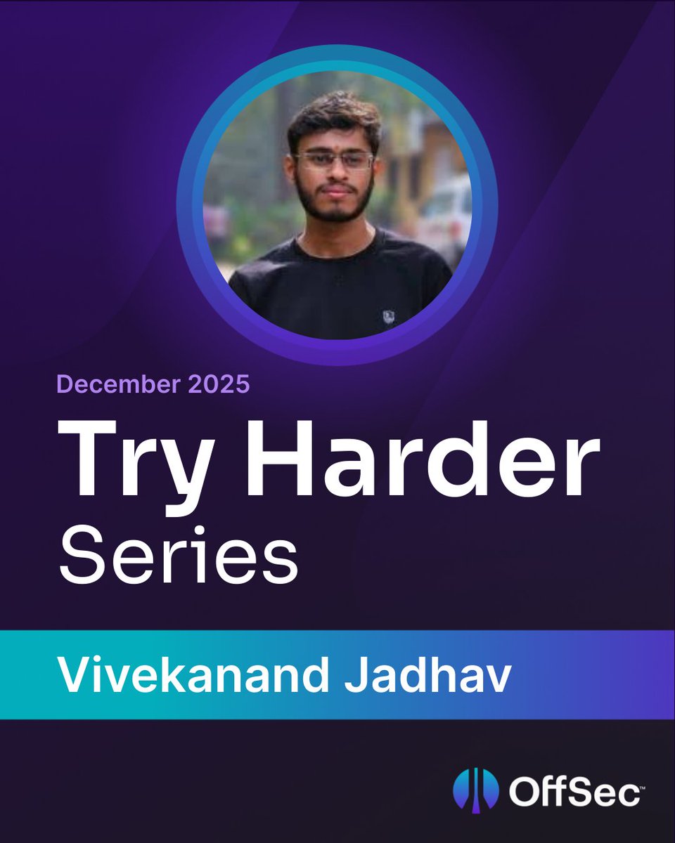 offsectraining's tweet image. As we close out the year, we’re proud to recognize our final #TryHarder learner of 2025: someone who stood out not just for earning a certification, but for the resilience and passion they bring to cybersecurity. This month, we’re recognizing Vivekanand Jadhav, who is now