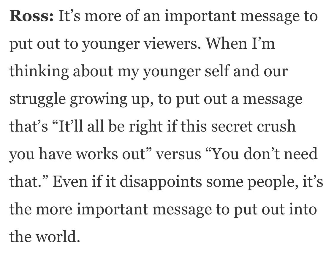 “here, watch our main gay character that we’ve had abused, tortured, assaulted, traumatised, tormented, possessed, excluded and heartbroken have unrequited love. what an important message 💛” fuck you