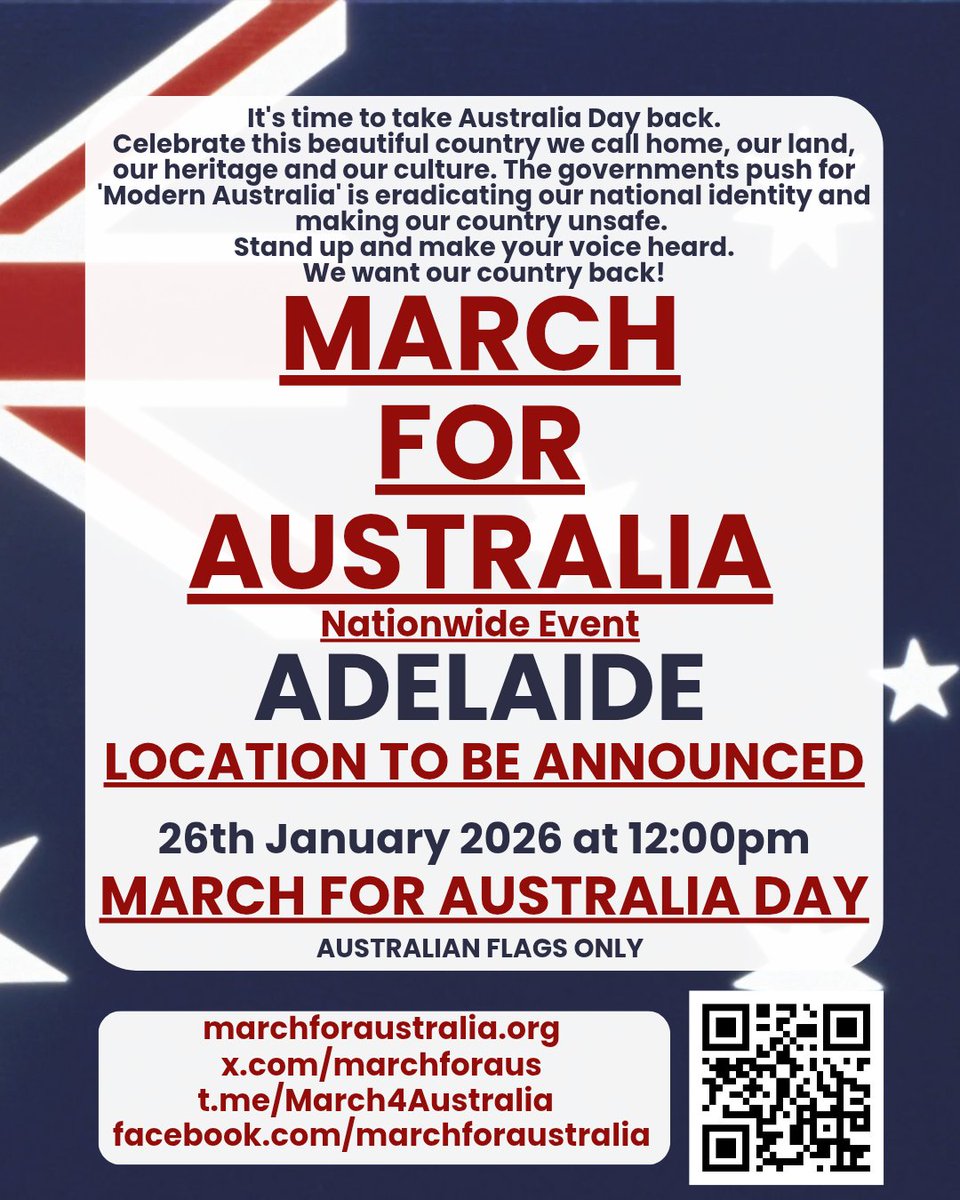 marchforaus's tweet photo. We've now got the Melbourne and Hobart locations sorted, still to come are Adelaide and Perth, which will hopefully be finalised in a few days. 

Tomorrow morning we will also drop an updated list of organisers with their social media links and contacts so you can volunteer directly via them or make contact for any questions you have. 

If you are planning a March For Australia in a regional area, like always, please send us your flyer so that we can add it to the list and help promote it for you.

We are sorry for the delay, but we hope to get the remaining locations and flyers out to you asap. 

List of speakers, entertainment and further details will be released early-mid January 2026.

Don't forget to link up with our new Telegram channel. 
https://t.co/C2mKNkYCXJ
Register for email updates @
https://t.co/bT5h12X2j4