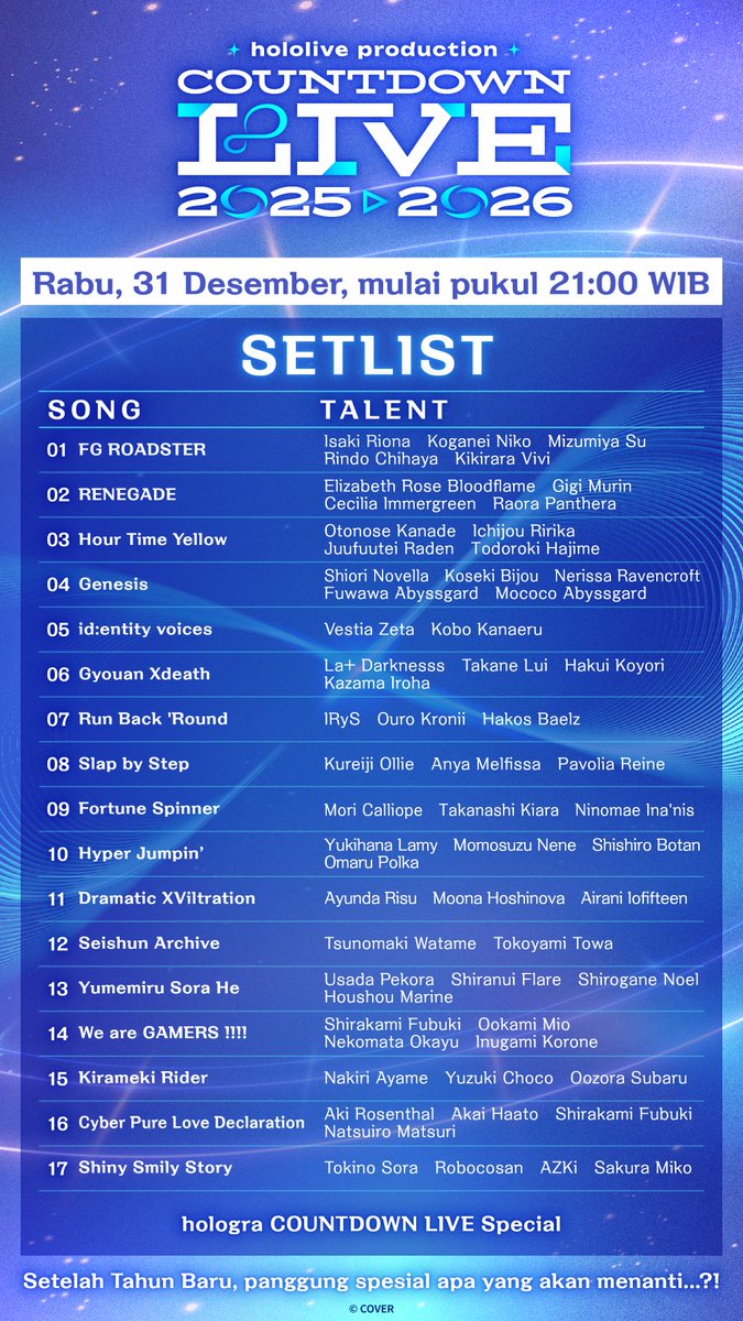 hololive_Id's tweet image. 🎤Info #holocountdown2025🎤
Yuk, intip setlist hololive production COUNTDOWN LIVE 2025▷2026! 📝

Konser countdown kali ini akan menghadirkan banyak lagu original hololive, loh! ✨

Tapi tidak cuma itu, #hologra spesial akan ditayangkan⁉️
Setelahnya, akan ada panggung spesial…