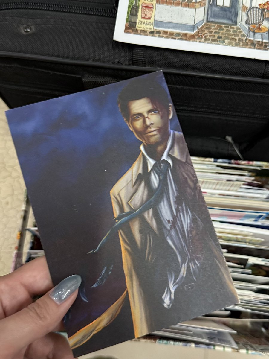 wifesamw's tweet photo. looking through a box of postcards in an antique shop in my fiancé’s hometown in philippines and there is no way i find one of castiel titled “the angel” https://t.co/Pu9kU0QJzG