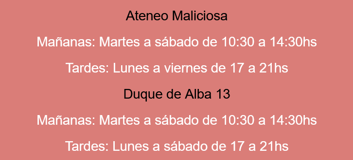 Toca pensar en los 🐫 👑, pero con calma, te esperamos en nuestro horario habitual

<a href="/AteneoMaliciosa/">La Maliciosa</a> 
Mañanas: Martes a sábado de 10:30 a 14:30hs
Tardes: Lunes a viernes de 17 a 21hs

Duque de Alba 13
Mañanas: Martes a sábado de 10:30 a 14:30hs
Tardes: Lunes a sábado de 17 a 21hs