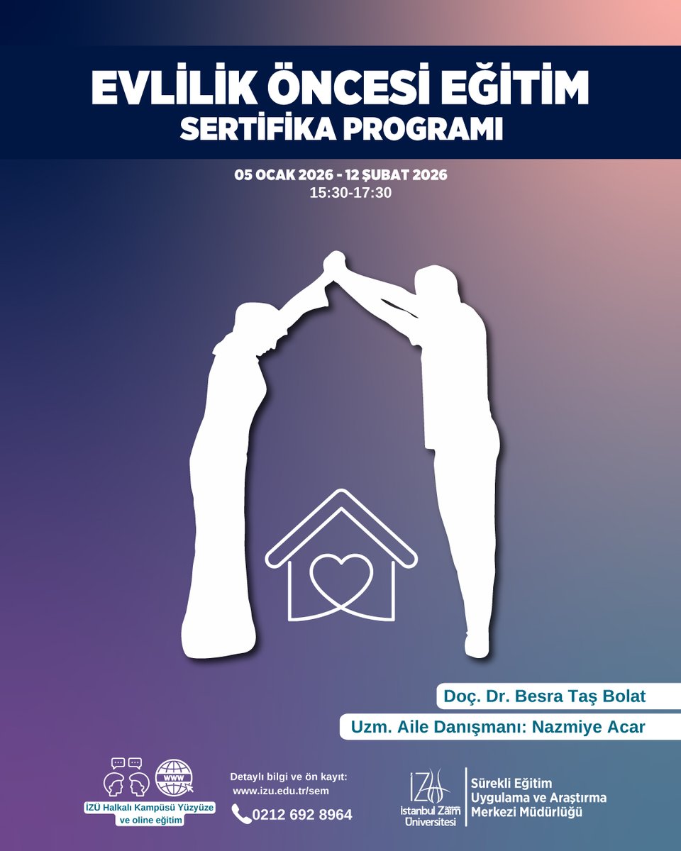 "Evlilik Öncesi Eğitim Sertifika Programı" başvuruları devam ediyor. 5 Ocak - 12 Şubat 2026 tarihleri arasında uzman eğitmenler eşliğinde iletişim, uyum, çatışma çözümü ve evlilik temellerini öğren! Kayıt &amp; detaylar linkte: kisa.link/EOOHn <a href="/zaimuniv/">İZÜ</a>