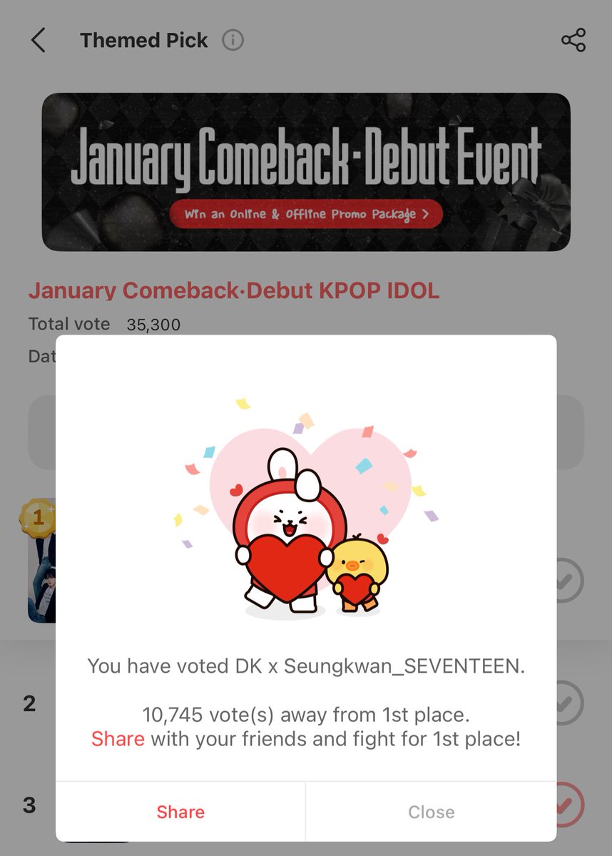 🗳️DxS on CHOEAEDOL

‼️No collection needed‼️

We’re now 3rd but we need more than 10k votes to overtake. 10k votes = 5k carats voting

Please vote twice daily for DK x Seungkwan 🙏