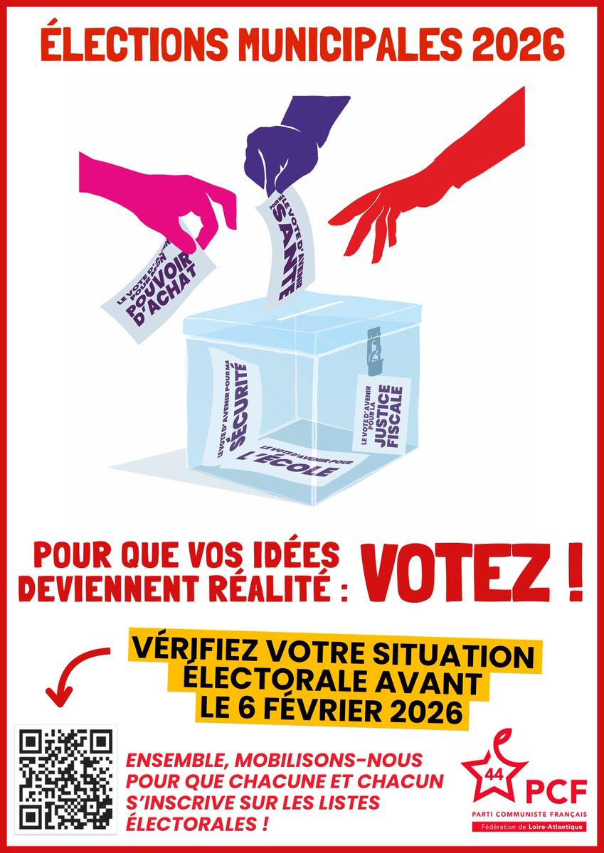 🗳️#Municipales2026 Ne perdez pas votre vote!

Pour voter le #15mars 2026, n'oubliez pas de vérifier votre inscription sur les listes électorales, jusqu'au 4⃣ février en ligne &amp; jusqu'au 6⃣ février en mairie⤵️
service-public.gouv.fr/particuliers/v…

#PCF #PCF44 #Nantes #Orvault #LoireAtlantique