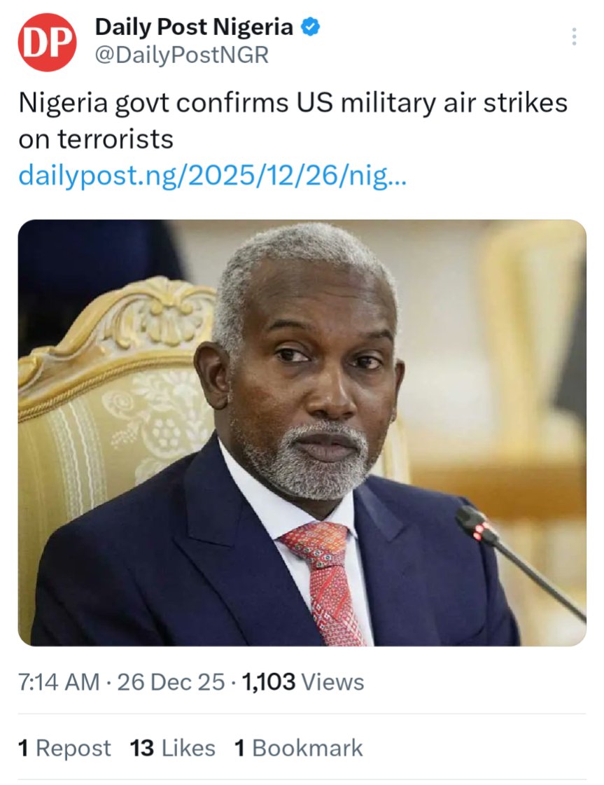 Isah_Jagaban's tweet photo. The US military launched an attack on bandits and terrorists in Sokoto, Nigeria, with approval from the Federal Government.

This is a good move if integrity and clear judgment guide the action.

Hope the operation protects innocent citizens.
#MerryChristmas #Nigeria https://t.co/lAgbPLaR8u