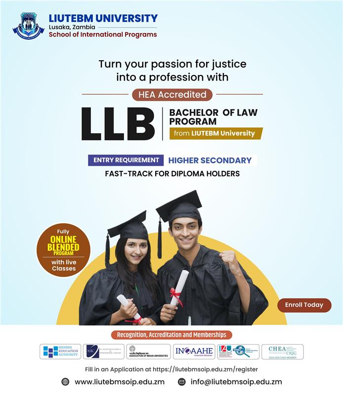 GradxsLitbeum's tweet photo. Turn your passion for justice into a profession with the HEA-Accredited LLB – Bachelor of Law Program from LIUTEBM University, Lusaka.
Online blended learning with live classes. Enroll today! 

#LIUTEBMUniversity #LLB #BachelorOfLaw #StudyLawOnline #FutureLawyer #AdmissionsOpen https://t.co/Zr0XIOfUZA