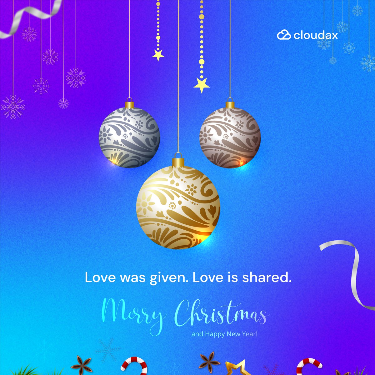 This holiday season, we're reminded that the greatest gifts are the ones we share. 
Wishing you endless joy and prosperity! Merry Christmas &amp; Happy New Year from Cloudax 🎅❄️