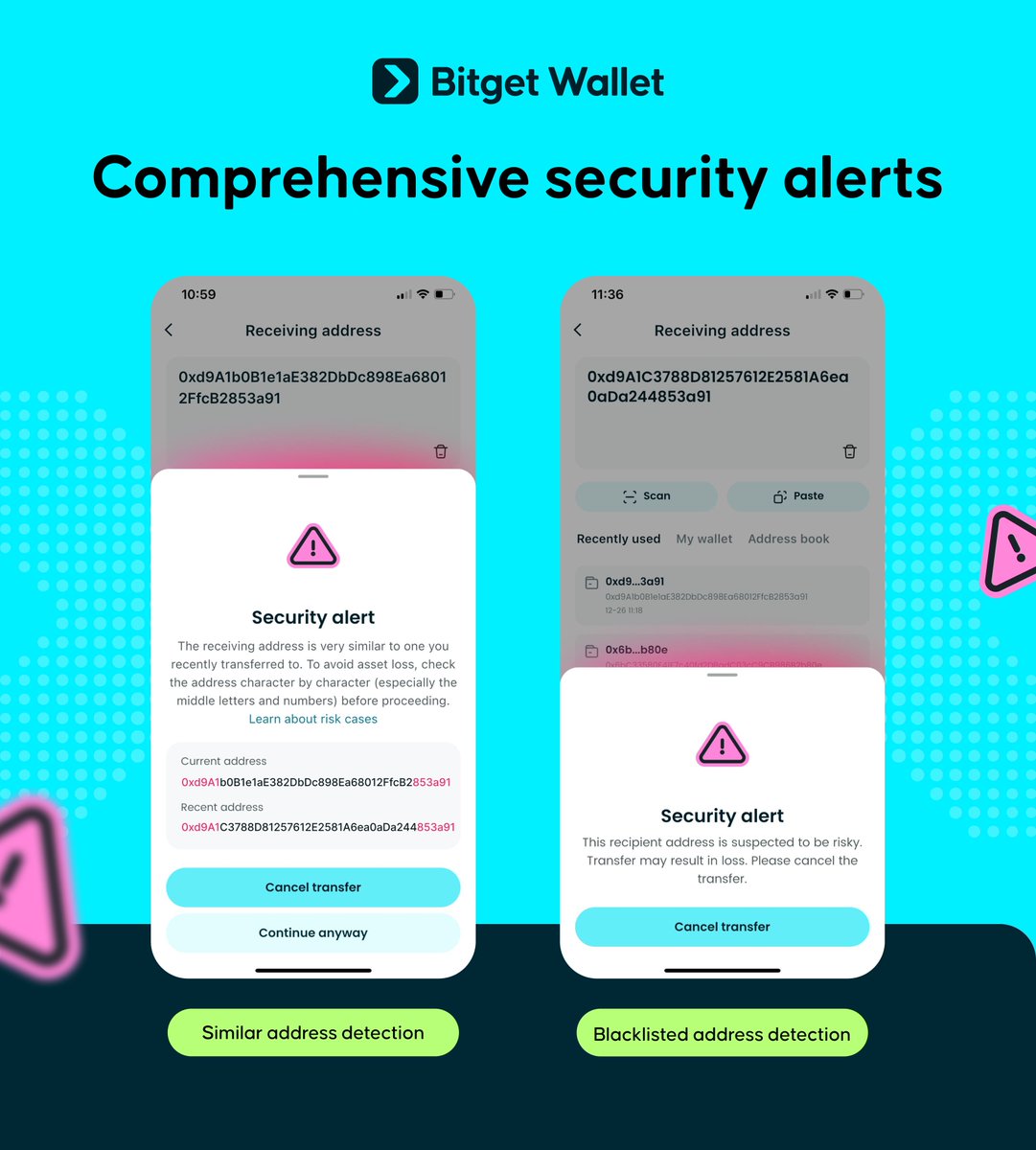 BitgetWallet's tweet photo. Onchain attacks are getting stealthier, especially during festive periods. From supply chain risks to look-alike address scams, threats are everywhere.

Here's how Bitget Wallet protects your assets and what you can do to stay safe:

1️⃣ Supply chain protection
> Version-locking for external components
> Code scanning & manual review for all upgrades
> Continuous vulnerability scanning + GoPlus DApp security

2️⃣ Look-alike address detection
> During transfers, Bitget Wallet warns you if an address is suspiciously similar to one you've used before
> Requires confirmation before sending

3️⃣ Attacker wallet blacklist
> Large database of addresses with history of malicious activity
> Any flagged address is automatically blocked

4️⃣ $700M Risk Protection Fund
> On top of technical safeguards, Bitget Wallet shares a fully transparent fund for asset protection

5️⃣ Personal security best practices
❌ Do not share your mnemonic phrase or private key with anyone
❌ Do not click unknown links or scan random QR codes
❌ Do not connect to unverified DApps with your main wallet
❌ Do not reply to unsolicited DMs on Telegram or X
✅ Back up using pen and paper offline securely
✅ Consider social login wallets, where private keys never touch the internet (saved in your phone's TEE)
✅ Only download/update wallet extensions or apps from official channels

Always stay vigilant! Platform security and awareness together will help to keep your crypto safe.
