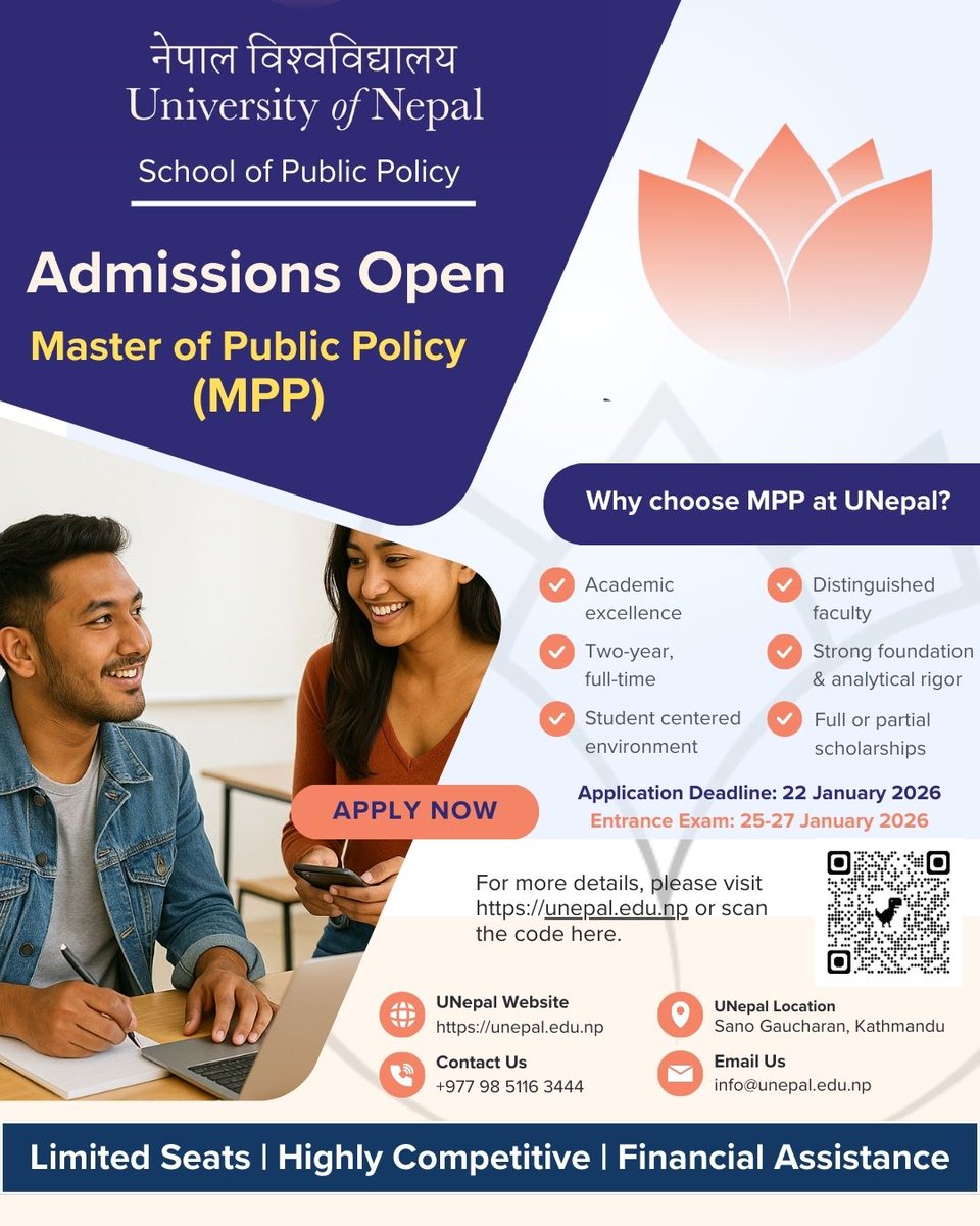 UNepalNews's tweet photo. Admissions Open
Master of Public Policy (MPP)
More Details : https://t.co/A9CD5GqcPI https://t.co/Iu9GS4k91q