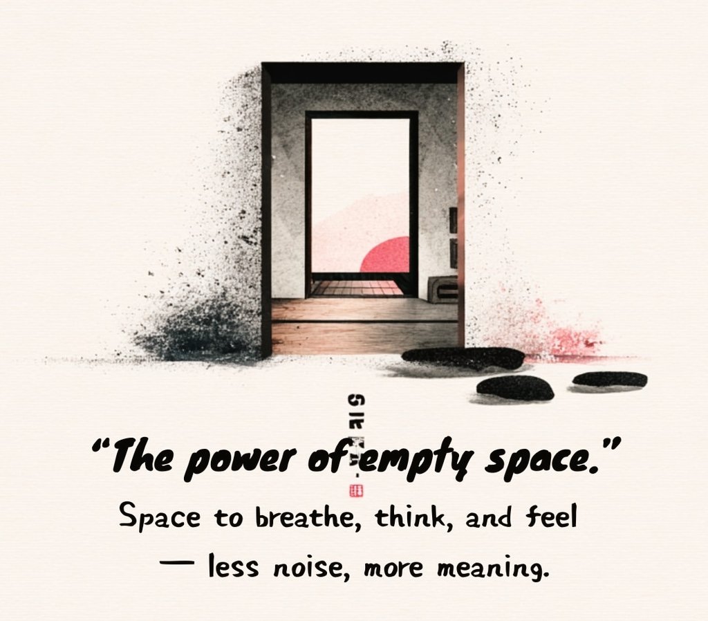 قوة تأثير المساحة الخالية.
فضاء للتنفس للتفكير والشعور.
ضوضاء أقل. معنى أكبر.
الحكمة اليابانية التي ساعدتني كثيرا.. الهدوء يثمر راحة نفسية وإنجاز اكثر. تخلص مما لاتحتاجه. أشياء أقل. إزعاج أقل.. يرتاح قلبك وعقلك. *صباح الخير