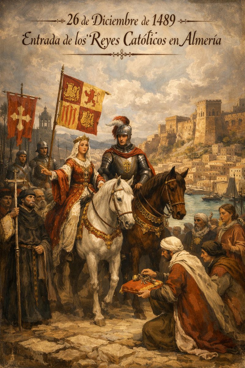 Hoy se celebra la entrada de los Reyes Católicos en Almería el 26 de diciembre de 1489, poniendo fin al dominio nazarí y culminando la incorporación de la ciudad a la Corona de Castilla.
Este día, se le denomina,
"Día del Pendón".
El Pendón Real es el estandarte que simboliza la