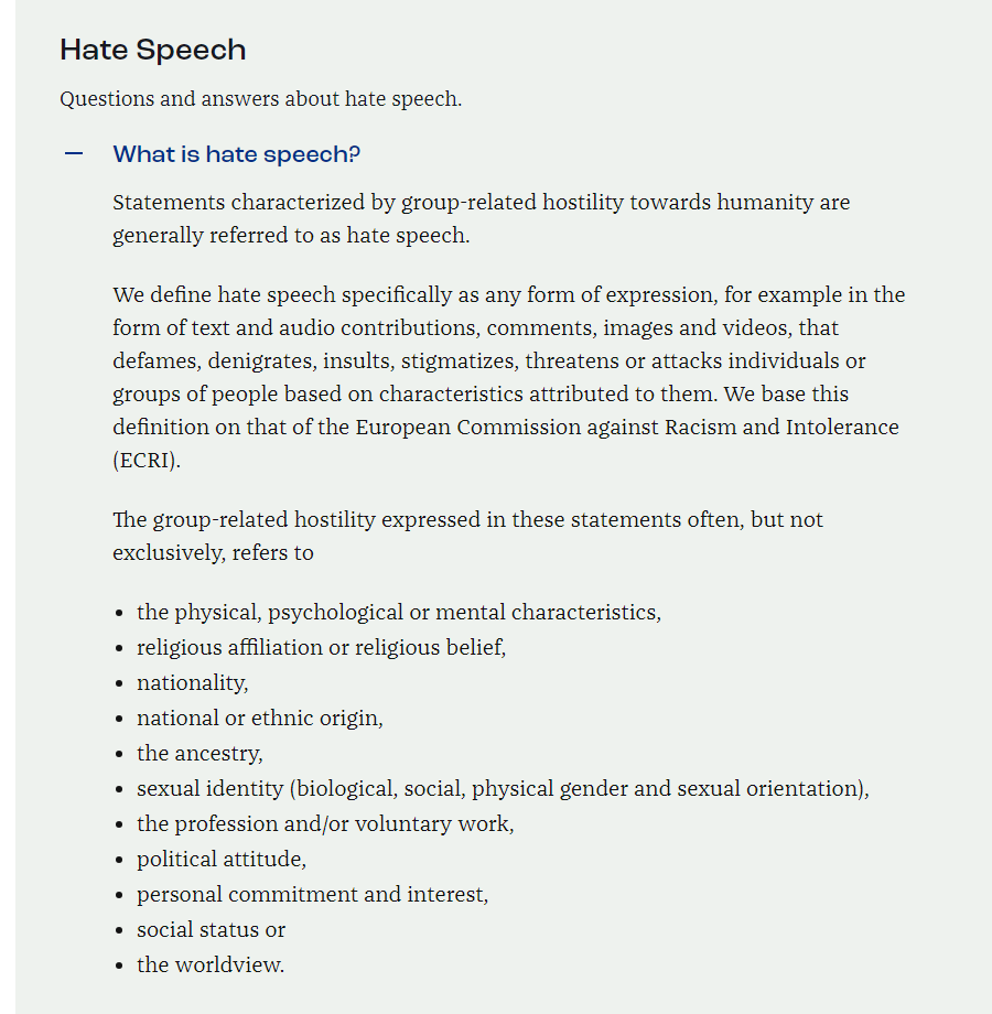 DrSnuggles73's tweet image. What is hate speech according to the Meldestelle shown in the Video?
If I read the first picture, then I can report anyone for anything; that sounds completely arbitrary. Freedom of speech is restricted in Germany.

hessengegenhetze.de/die-meldestell…
amadeu-antonio-stiftung.de/modsupport/mel…