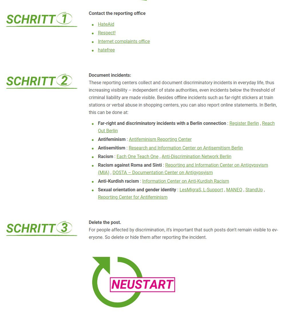 DrSnuggles73's tweet image. What is hate speech according to the Meldestelle shown in the Video?
If I read the first picture, then I can report anyone for anything; that sounds completely arbitrary. Freedom of speech is restricted in Germany.

hessengegenhetze.de/die-meldestell…
amadeu-antonio-stiftung.de/modsupport/mel…