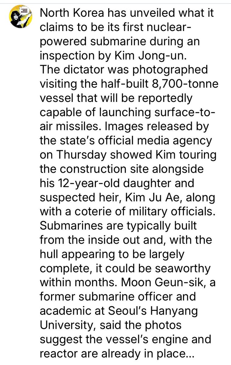 glykosymoritis's tweet image. Kim Jong-un unveils North Korea’s first ‘nuclear’ submarine: Dictator’s vessel is thought to be capable of launching surface-to-air missiles and could be seaworthy in months archive.ph/mosxe #communism #totalitarianism #nuclearweapons